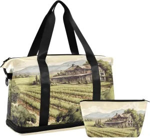 Village Path Gym Bag - Weekender Overnight Bags for Women Men, Sport Travel Duffel Bag with Wet Pocket & Shoe Compartment