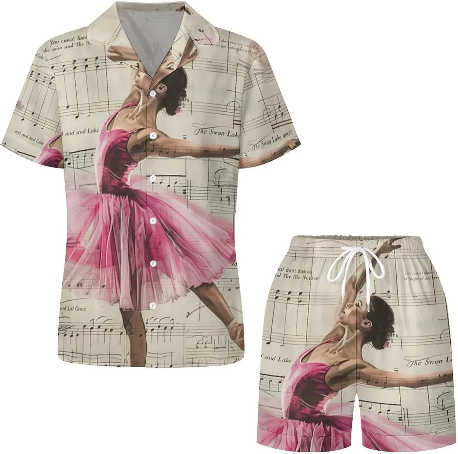 Vintage Music Art Ballet Girl Women's Satin Pajama Set Short Sleeve Button Down Sleepwear Loungewear Pj Set