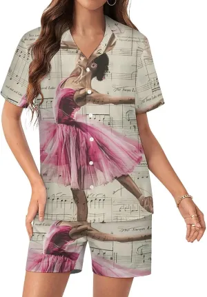 Vintage Music Art Ballet Girl Women's Satin Pajama Set Short Sleeve Button Down Sleepwear Loungewear Pj Set