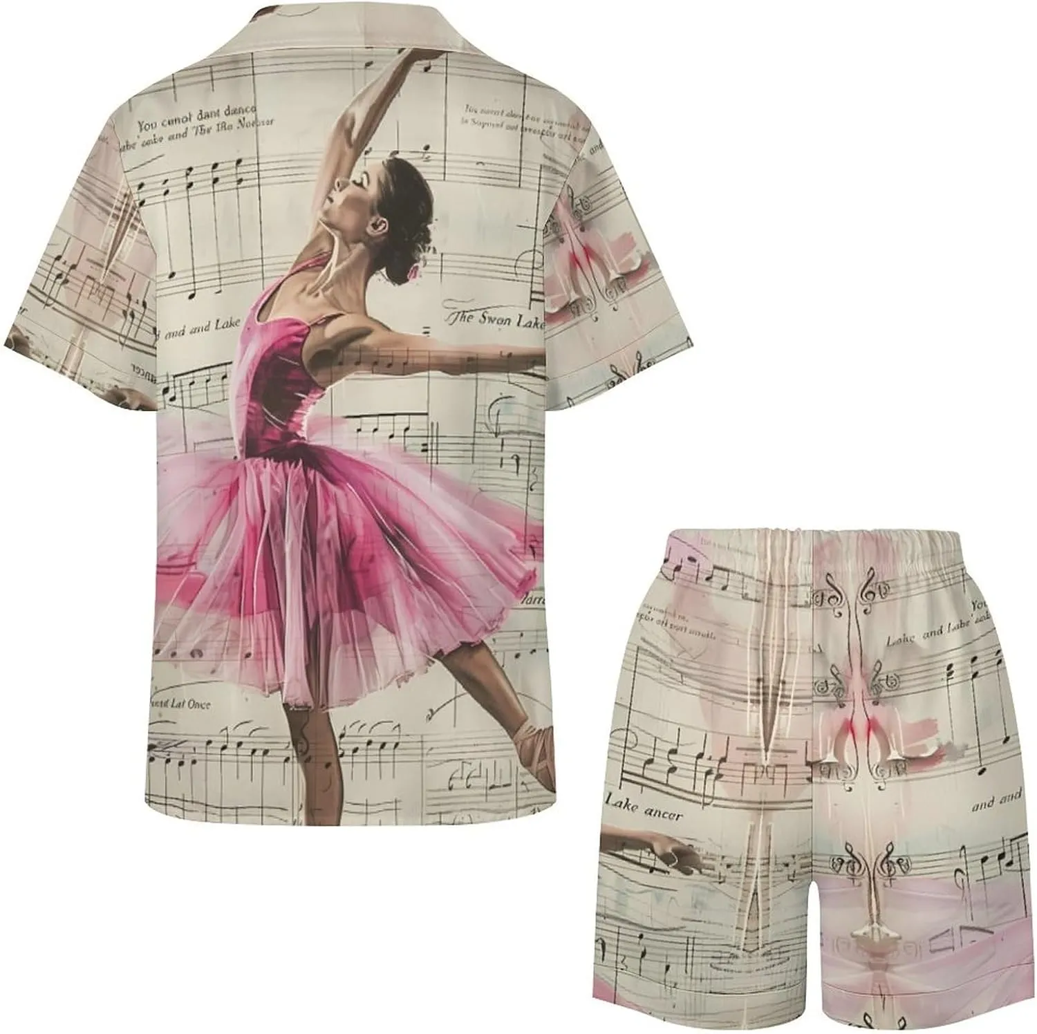 Vintage Music Art Ballet Girl Women's Satin Pajama Set Short Sleeve Button Down Sleepwear Loungewear Pj Set