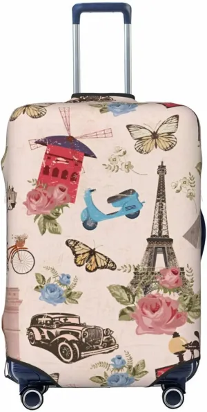 Vintage Paris Travel Luggage Cover Fits 18-32 Inch Luggage, Washable Suitcase Cover Protector with Concealed Zipper for Wheeled Suitcase Travel Accessories