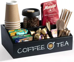 Vinvoli Modern Coffee & Tea Station Organizer - 6 Compartment Countertop Caddy - Black