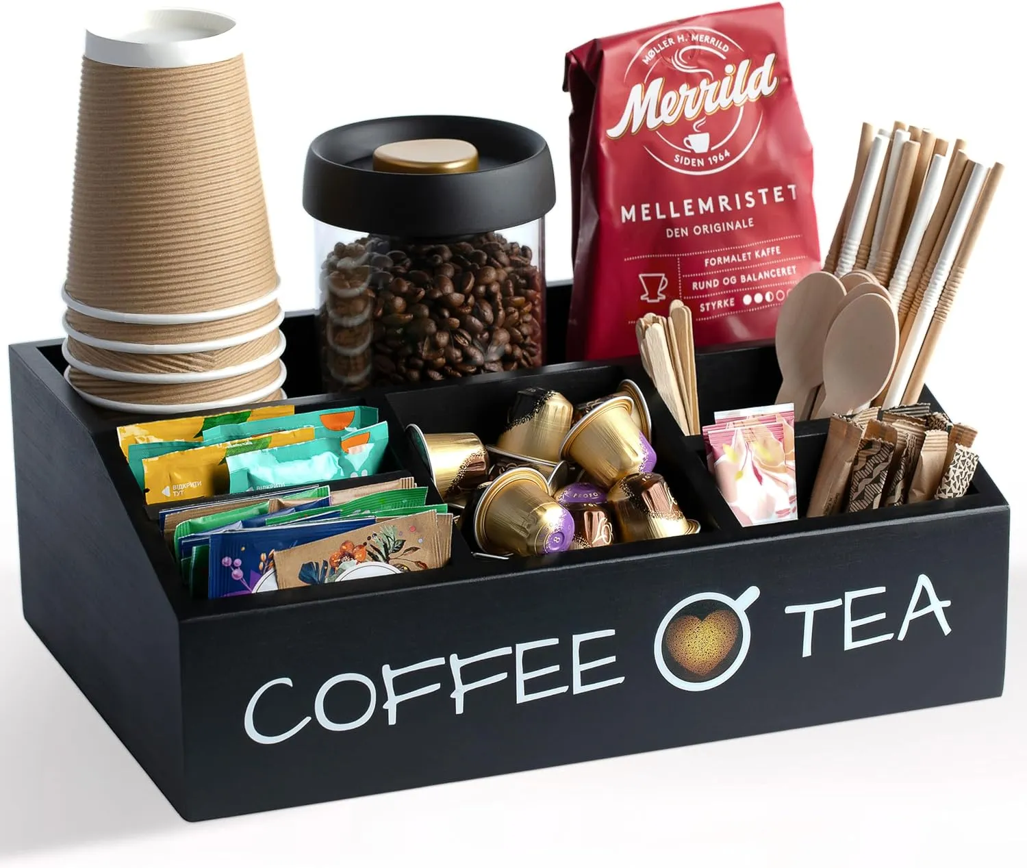 Vinvoli Modern Coffee & Tea Station Organizer - 6 Compartment Countertop Caddy - Black