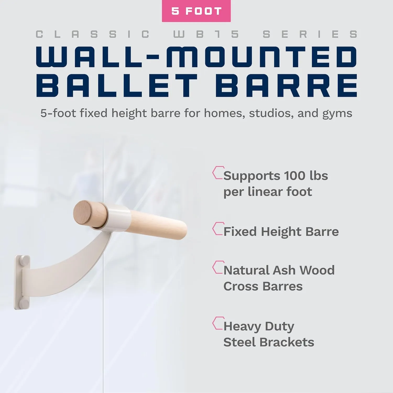 VITA Barre Wall-Mounted Single Ballet Barre, Classic WB15, Wood | Fixed Height, Made in USA, Home, Studio or Gym Exercise Equipment for Kids & Adults | Dance, Fitness, Pilates
