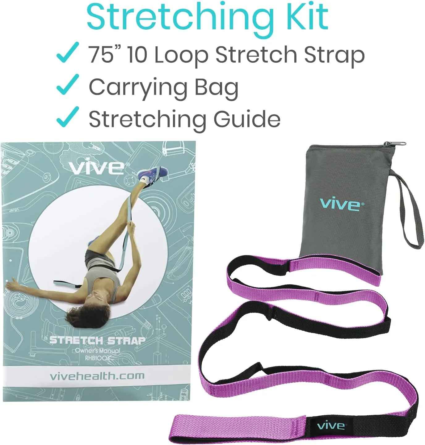 Vive Stretch Strap - Leg Stretch Band to Improve Flexibility - Stretching Out Yoga Strap - Exercise and Physical Therapy Belt for Rehab, Pilates, Dance and Gymnastics with Workout Guide Book