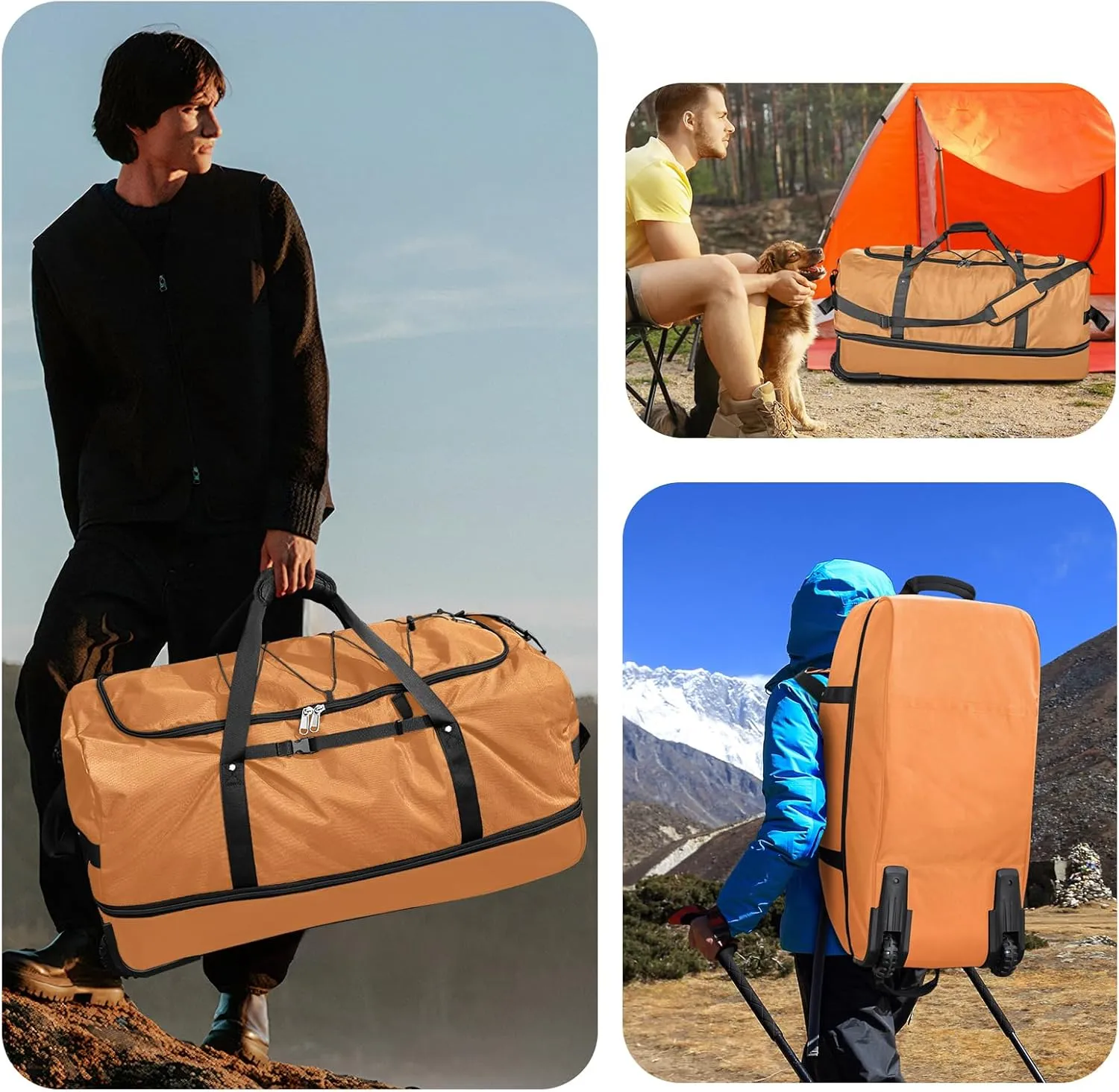 Vomgomfom 32" Soft-Sided Foldable Wheeled Travel Duffel Bag,Expandable 110L to 140L Rolling Cargo Bag with 2 Wheels and Multiple Pockets,Brown