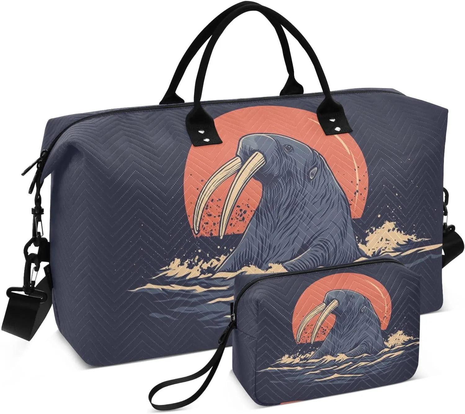 Walrus Waves Moon Travel Duffel Bag, Gym Bags with Multiple Interior Pockets for Men Women Toiletry Purse Included 20.5”x 1.9” x 13.8”