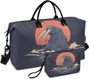 Walrus Waves Moon Travel Duffel Bag, Gym Bags with Multiple Interior Pockets for Men Women Toiletry Purse Included 20.5”x 1.9” x 13.8”