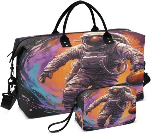 Watercolor Astronaut Basketball Travel Duffel Bags Gym Bag Weekender Handbag with Toiletry Bag for Women Girls Men
