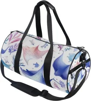 Watercolor Blue Pink Stingray Fish Gym Duffle Bag Women Men Sports Fitness Bag for Travel Workout Gymnastics Dance Ballet