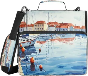 Watercolor Sailboat Harbor Zipper Binder Bag 3 Ring File Folder Large Zippered Binder Document Organizer with Shoulder Strap Fits Laptop for Office School College Supplies
