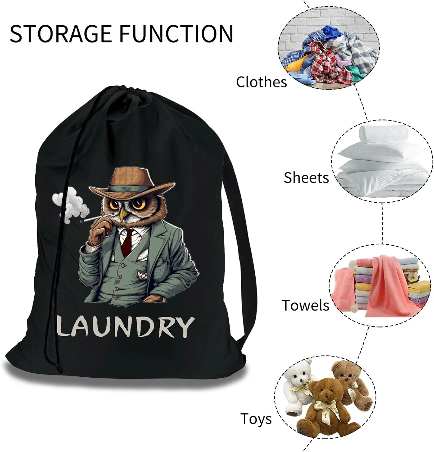 Waterproof Laundry Bag with Strap, Cool Owl Pattern Dirty Laundry Travel Bag, Laundry Bags Extra Large Heavy Duty, Dirty Clothes Bag for Traveling, Fit a Laundry Hamper or Basket, 31.5''L x 19.5''W