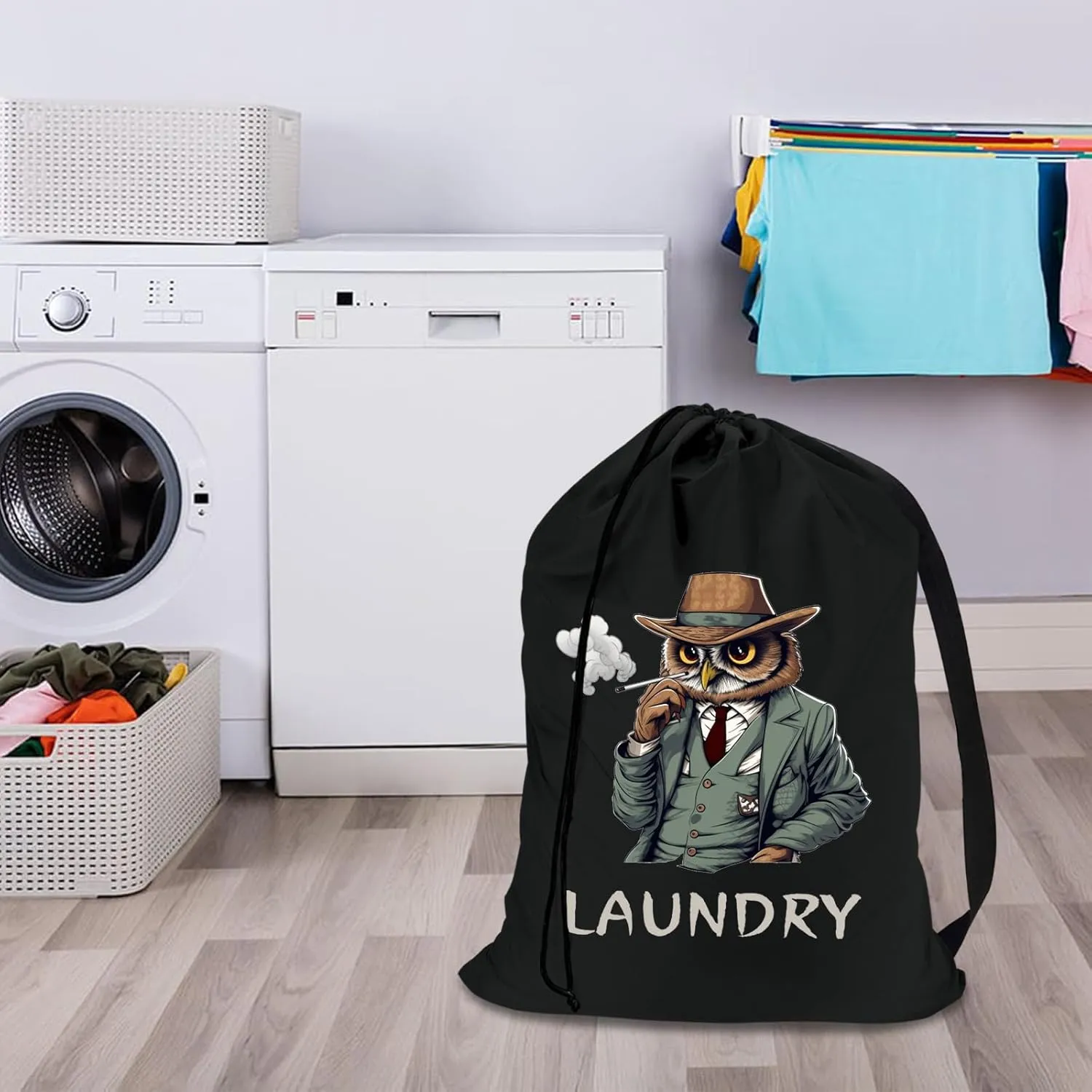 Waterproof Laundry Bag with Strap, Cool Owl Pattern Dirty Laundry Travel Bag, Laundry Bags Extra Large Heavy Duty, Dirty Clothes Bag for Traveling, Fit a Laundry Hamper or Basket, 31.5''L x 19.5''W