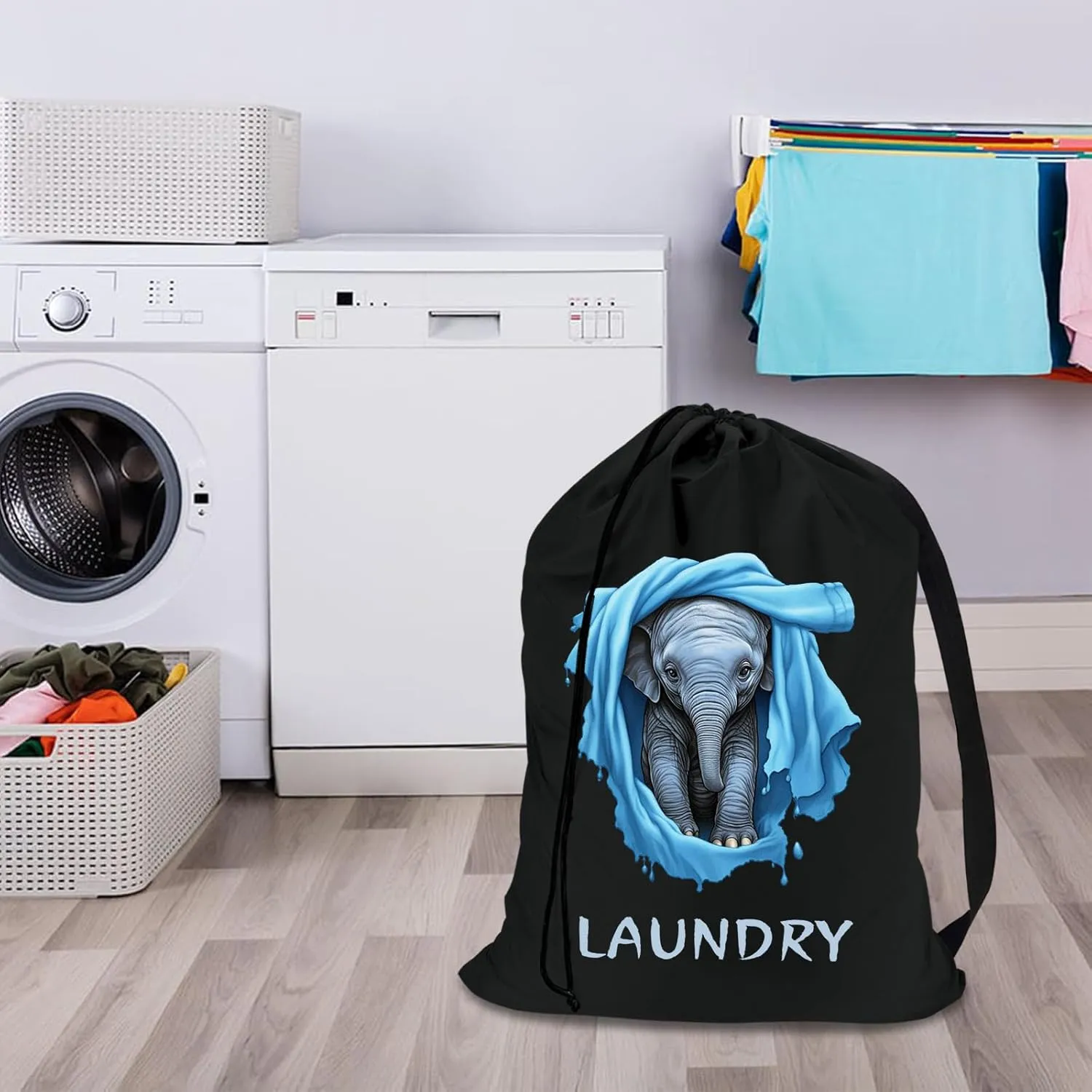 Waterproof Travel Laundry Bag with Strap, Cool Elephant Pattern Canvas Laundry Bag, Dirty Clothes Bag for Traveling, Dirty Laundry Travel Bag, Easy Fit a Laundry Hamper or Basket, Elephant Lover Gifts