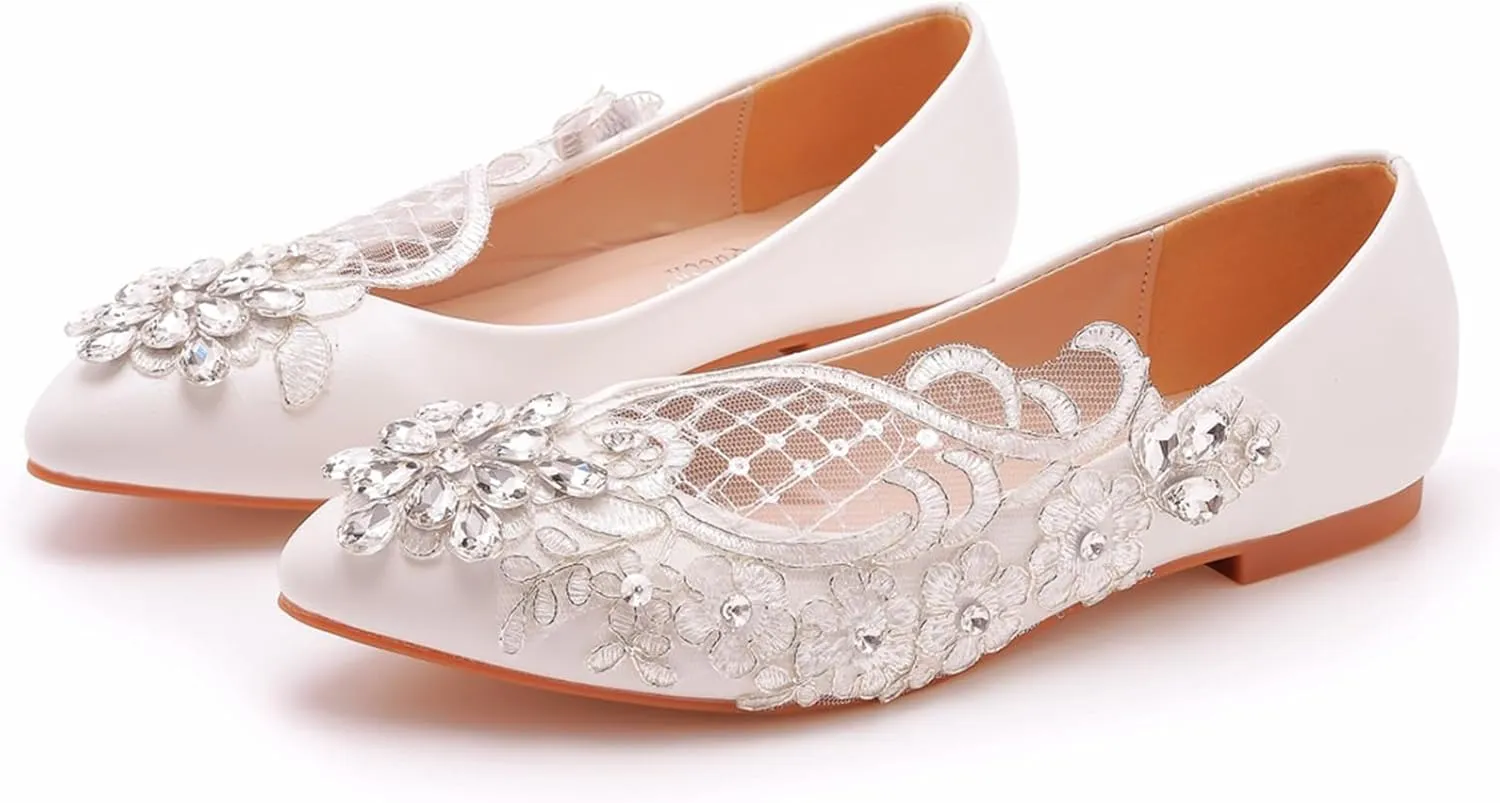 Wedding Bride Shoes,Womens Ballet Flats, Wedding Lace Ballerinas Bride Flats,Comfortable Pointed Toe Lace Casual Office Shoes