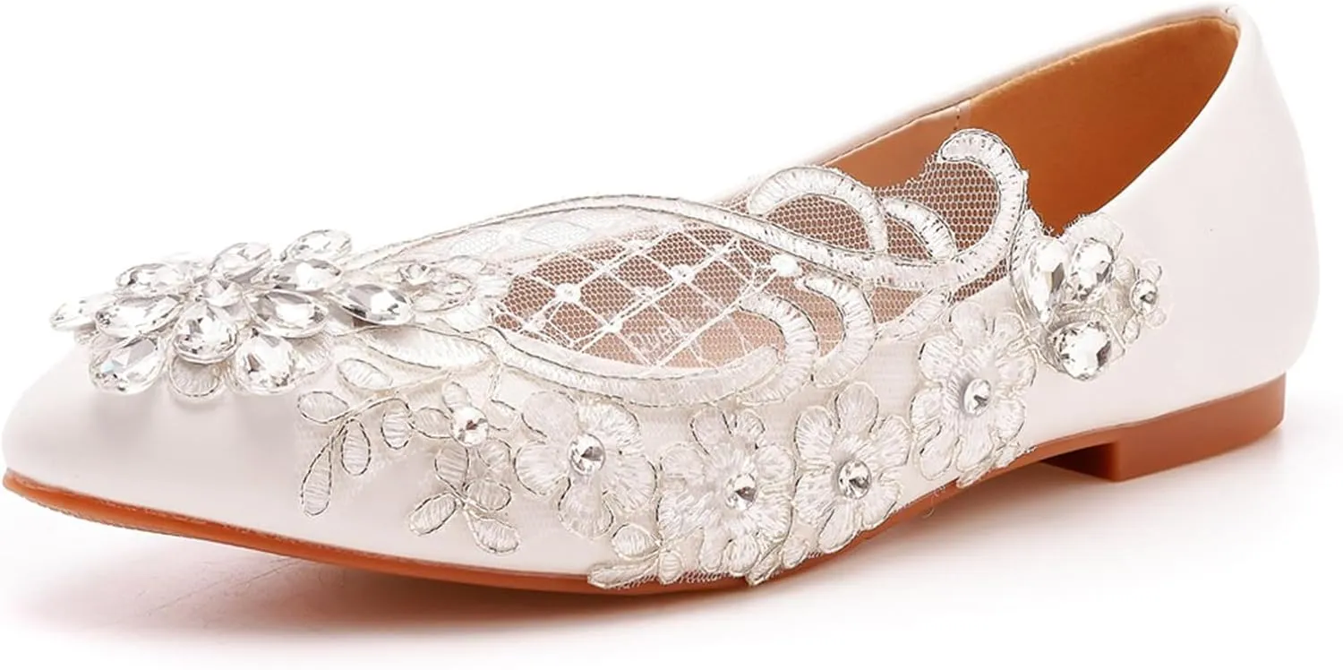 Wedding Bride Shoes,Womens Ballet Flats, Wedding Lace Ballerinas Bride Flats,Comfortable Pointed Toe Lace Casual Office Shoes