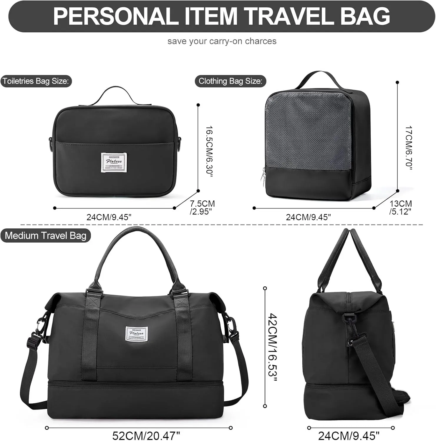Weekender Bags for Women,Travel Duffle Overnight Bag with Shoe Compartment,Personal Item Carry On Bag,3 Pcs Set,Medium(Black)