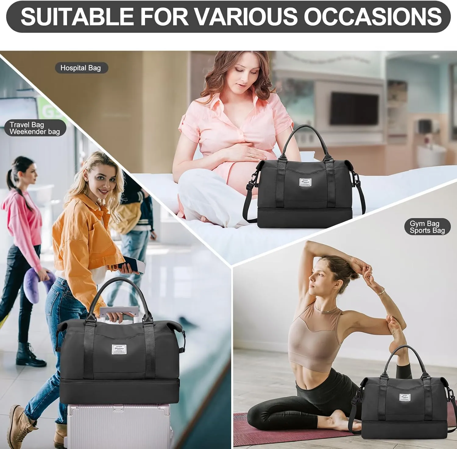 Weekender Bags for Women,Travel Duffle Overnight Bag with Shoe Compartment,Personal Item Carry On Bag,3 Pcs Set,Medium(Black)