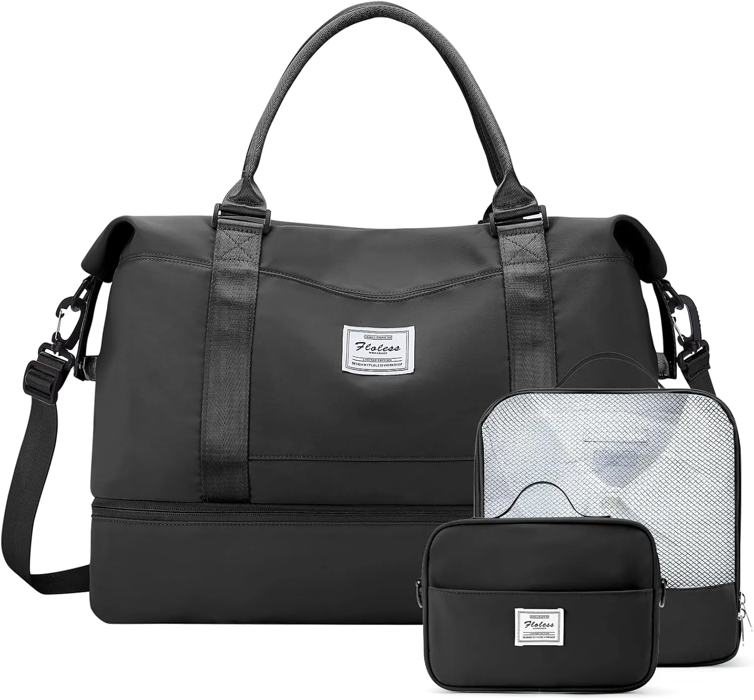 Weekender Bags for Women,Travel Duffle Overnight Bag with Shoe Compartment,Personal Item Carry On Bag,3 Pcs Set,Medium(Black)