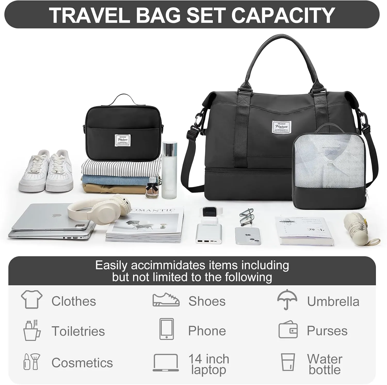 Weekender Bags for Women,Travel Duffle Overnight Bag with Shoe Compartment,Personal Item Carry On Bag,3 Pcs Set,Medium(Black)
