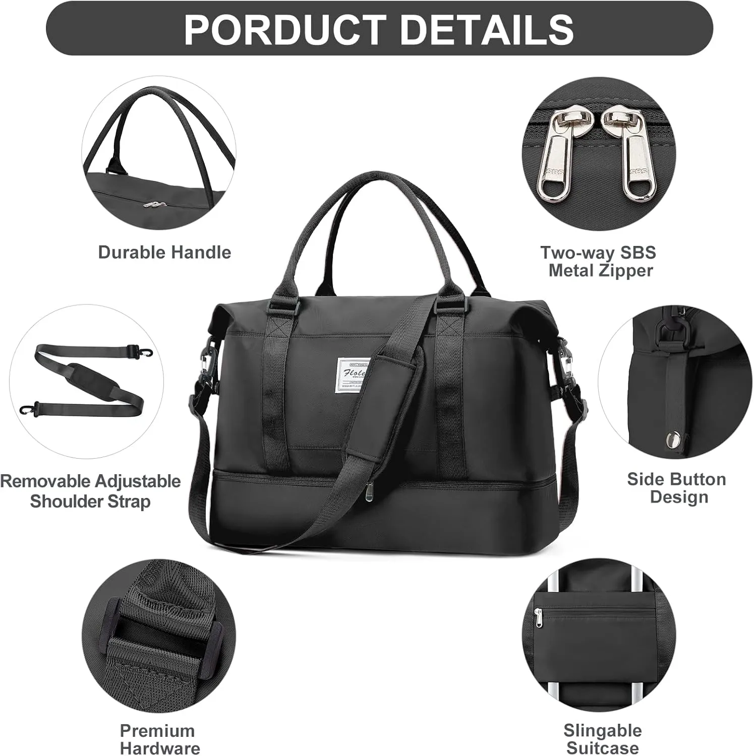 Weekender Bags for Women,Travel Duffle Overnight Bag with Shoe Compartment,Personal Item Carry On Bag,3 Pcs Set,Medium(Black)