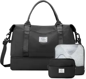 Weekender Bags for Women,Travel Duffle Overnight Bag with Shoe Compartment,Personal Item Carry On Bag,3 Pcs Set,Medium(Black)