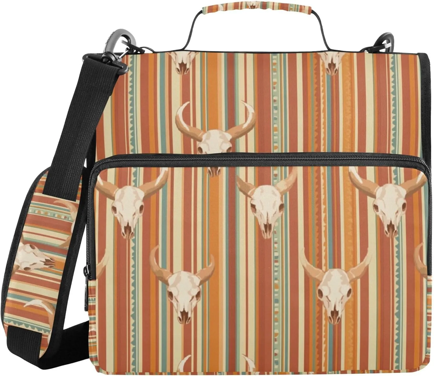 Western Cow Skulls Boho Document Binder Organizer with Shoulder Strap Multiple Pockets 1.5 Inch 3 Rings Pencil Bags Portfolio Binder Paperwork Business