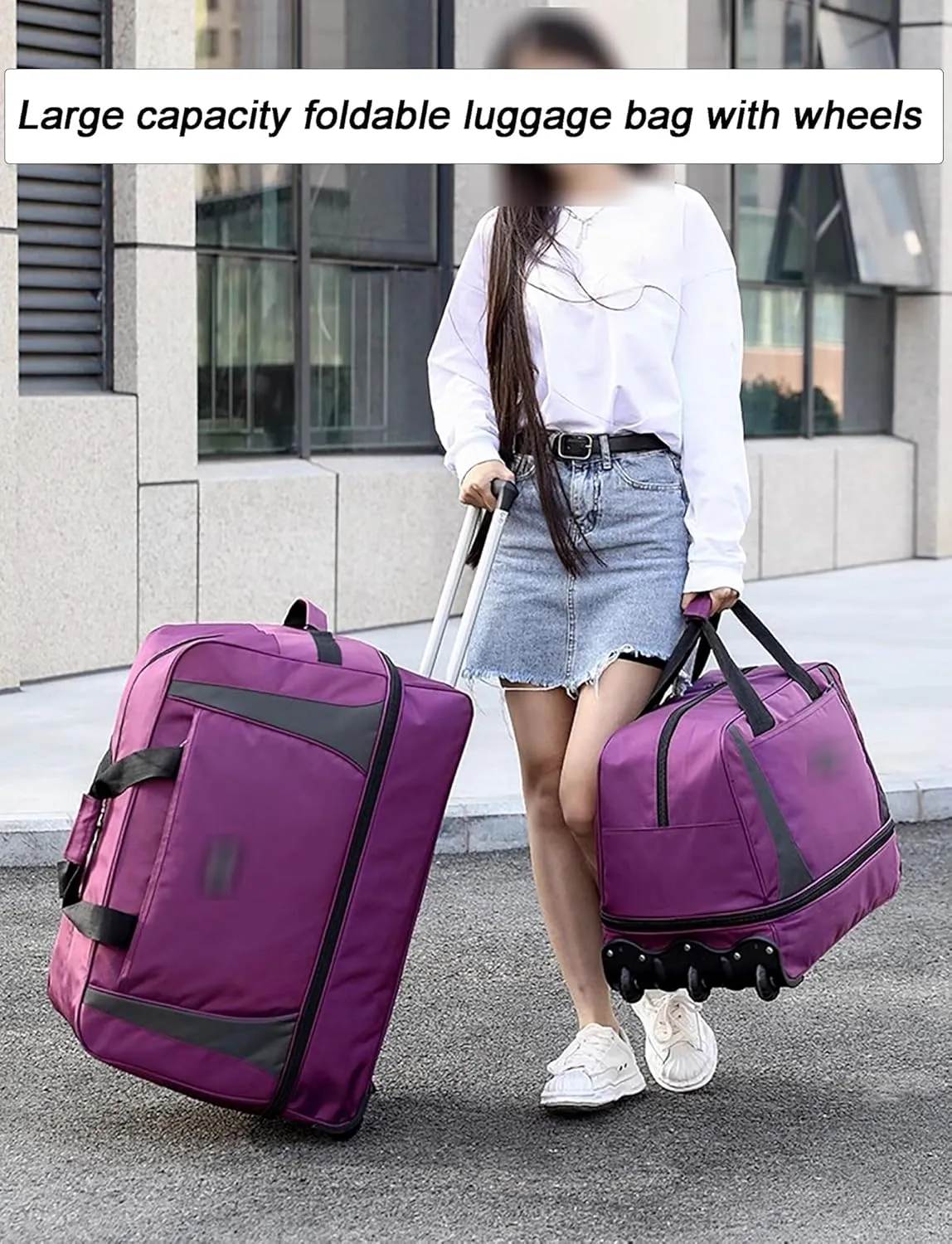 Wheeled Duffle Bag Large Capacity Foldable Travel Luggage with Telescopic Handle, Oxford Fabric Carry-On, Storage for Blankets Weekender Moving Storage(Brown,Medium)