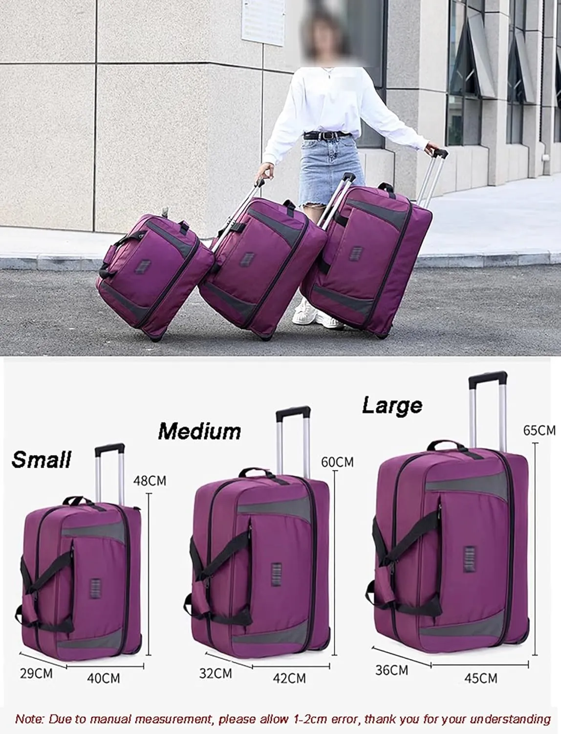 Wheeled Duffle Bag Large Capacity Foldable Travel Luggage with Telescopic Handle, Oxford Fabric Carry-On, Storage for Blankets Weekender Moving Storage(Brown,Medium)