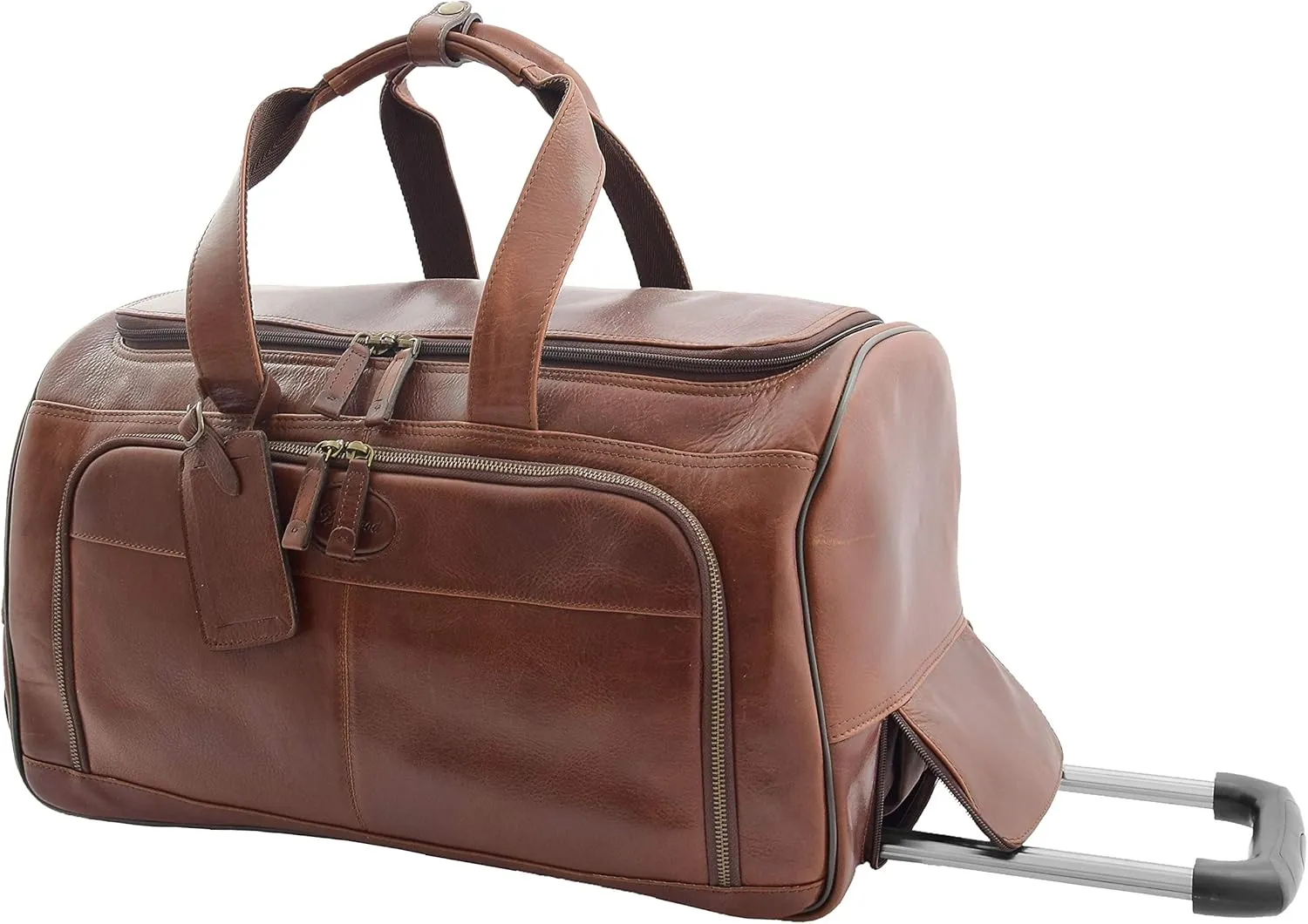 Wheeled Holdall Genuine Brown Leather Telescopic Handle Travel Duffle - Ozwald, Brown, L, Travel Duffle
