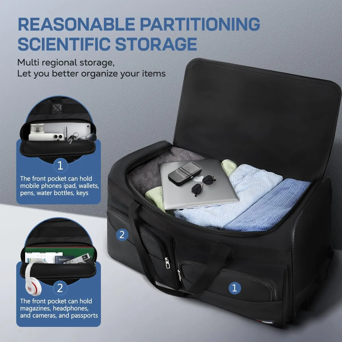Wheeled Rolling Duffel Bag,All Black Travel Duffle Bag with Handle,22 inches