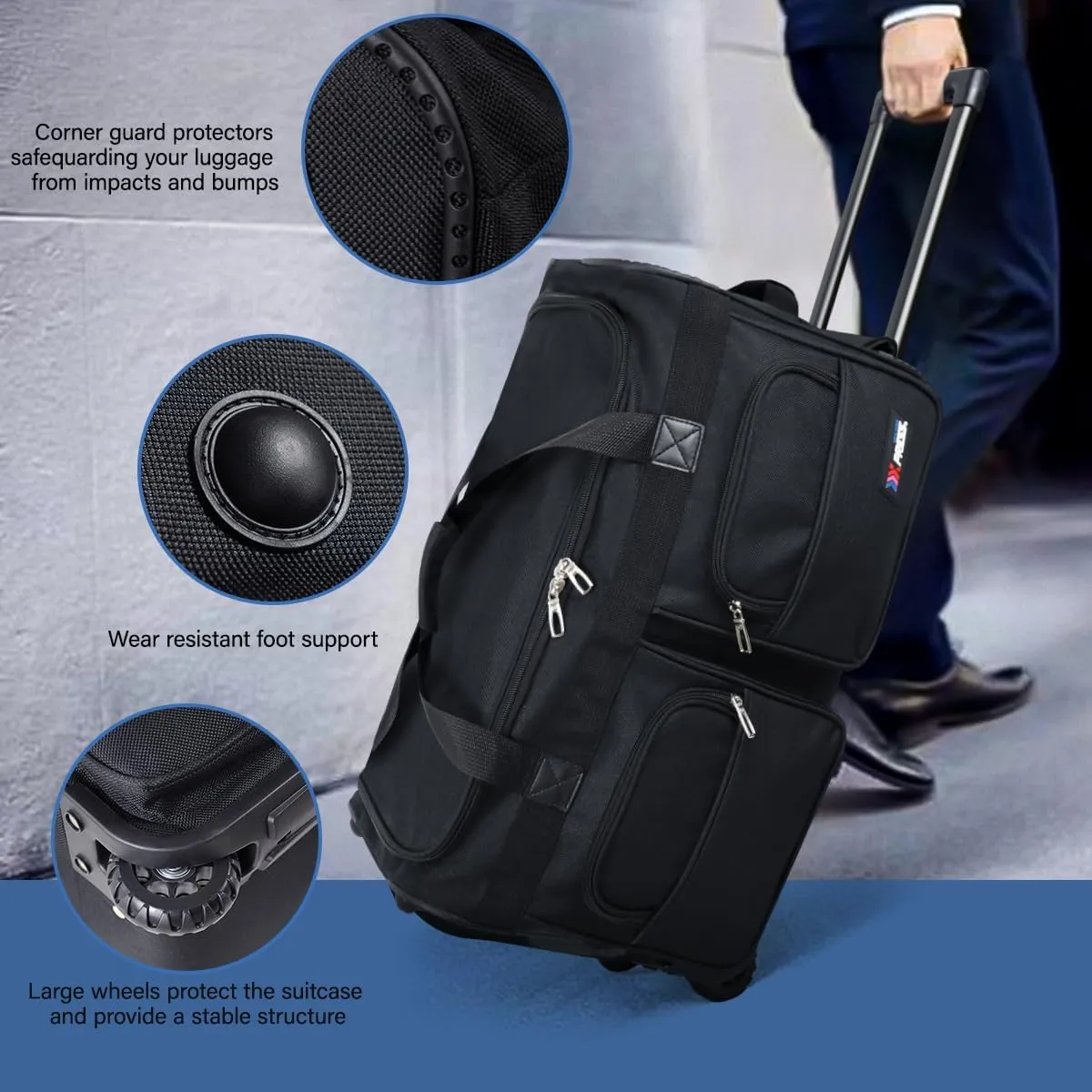 Wheeled Rolling Duffel Bag,All Black Travel Duffle Bag with Handle,40 inches