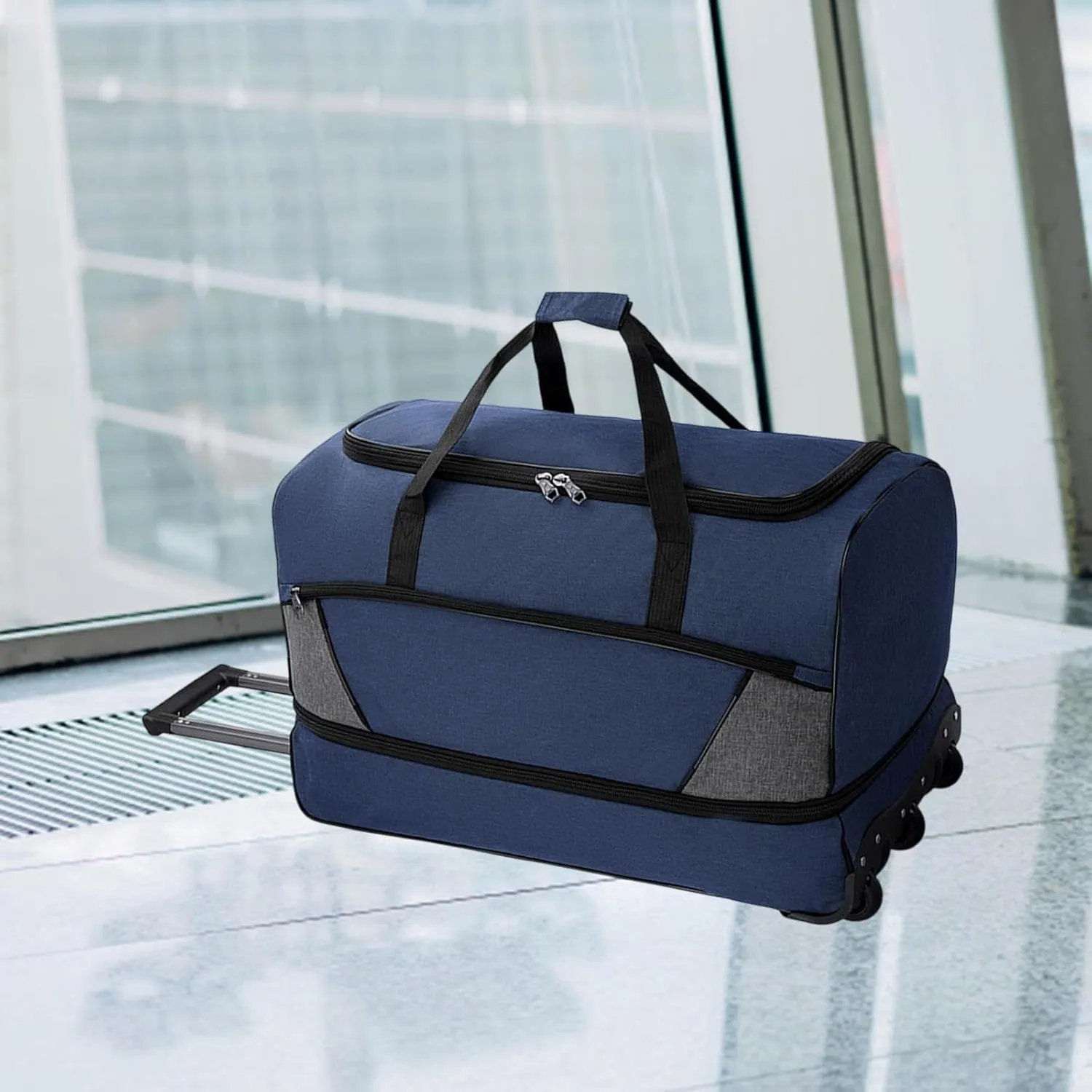 Wheeled Travel Duffel Bag with Compartments for Carrying Clothes, Blue L