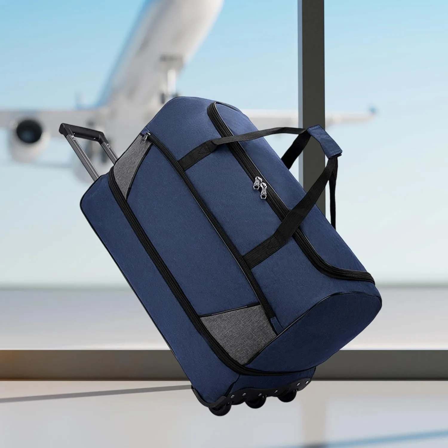 Wheeled Travel Duffel Bag with Compartments for Carrying Clothes, Blue L