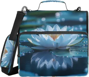 White Flower Flower Green Leaf Binder Zipper Organizer with Shoulder Strap & Handle Laege Capacity 1.5 Inch 3 Rings Portfolio Binder Bag Home Travel Cards Storage Container