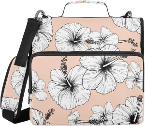 White Hibiscus Beige 3 Ring Zipper Binder with Shoulder Strap File Folder Organizer for Business School Work Document Storage