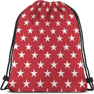White Stars Drawstring Bags Backpack Bag Abstract USA Star Design On The Red Background Cool Symbol Sign Sport Gym Sack Drawstring Bag String Bag Yoga Bag for Men Women