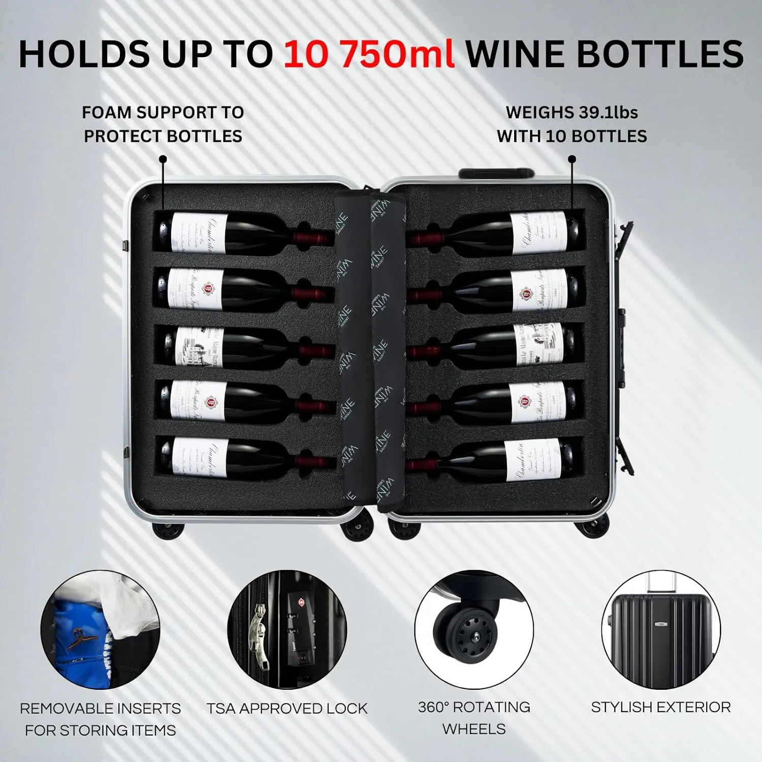 Wine Bottle Suitcase Aluminum | Holds 10 Standard 750 ML Bottles | Universal Airplane Luggage Case, TSA Approved Wheeled Bag For Professionals & Consumers, Gift For Wine Lovers, Connoisseurs (23 IN)