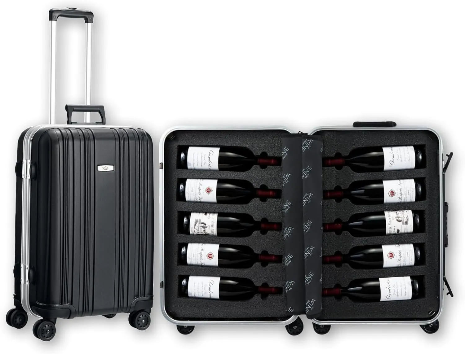 Wine Bottle Suitcase Aluminum | Holds 10 Standard 750 ML Bottles | Universal Airplane Luggage Case, TSA Approved Wheeled Bag For Professionals & Consumers, Gift For Wine Lovers, Connoisseurs (23 IN)