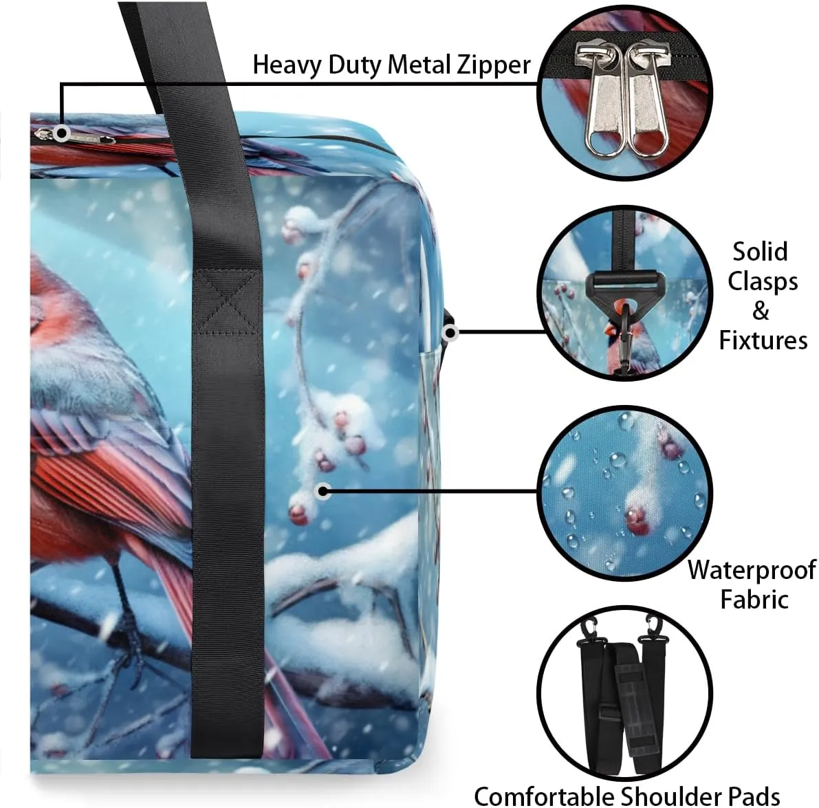 Winter Berry Cardinal Bird Womens Travel Bags, Weekender Carry on for Women, Sports Gym Bag, Workout Duffel bag, Overnight Shoulder Bag