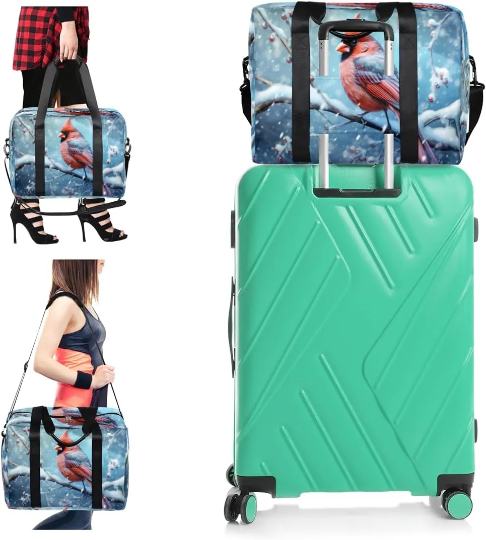 Winter Berry Cardinal Bird Womens Travel Bags, Weekender Carry on for Women, Sports Gym Bag, Workout Duffel bag, Overnight Shoulder Bag