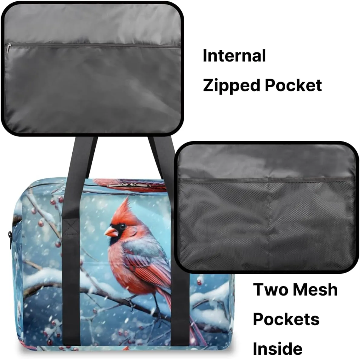 Winter Berry Cardinal Bird Womens Travel Bags, Weekender Carry on for Women, Sports Gym Bag, Workout Duffel bag, Overnight Shoulder Bag