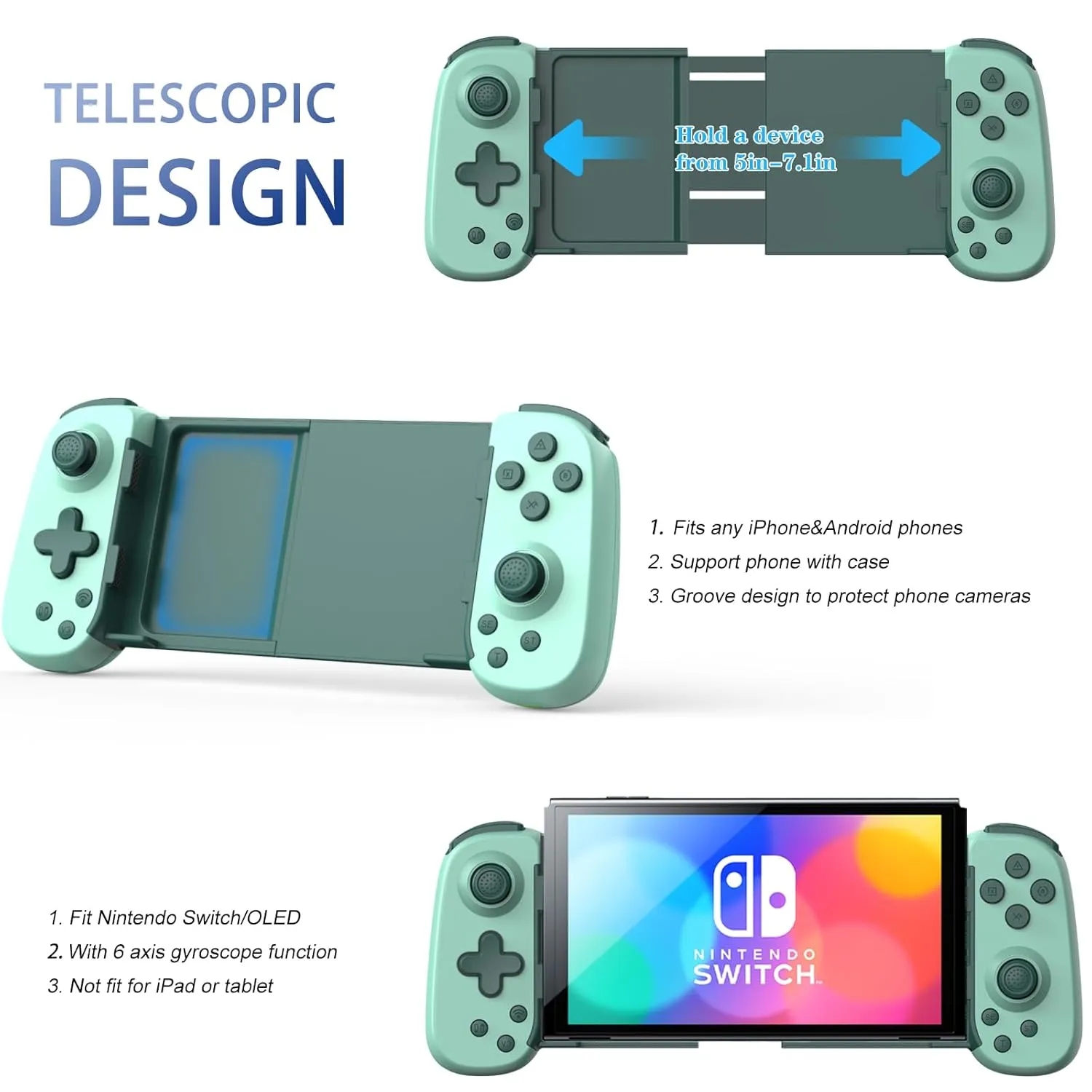Wireless Controller for iPhone/Android/PC/iPad/Tablet/APPL Arcade MFi Games/Switch/PS4, Support Streaming on PS5/Xbox/PC Console, Cloud Gaming Gamepad Joystick - Turbo/6-Axis Gyro/Dual Motors - Green