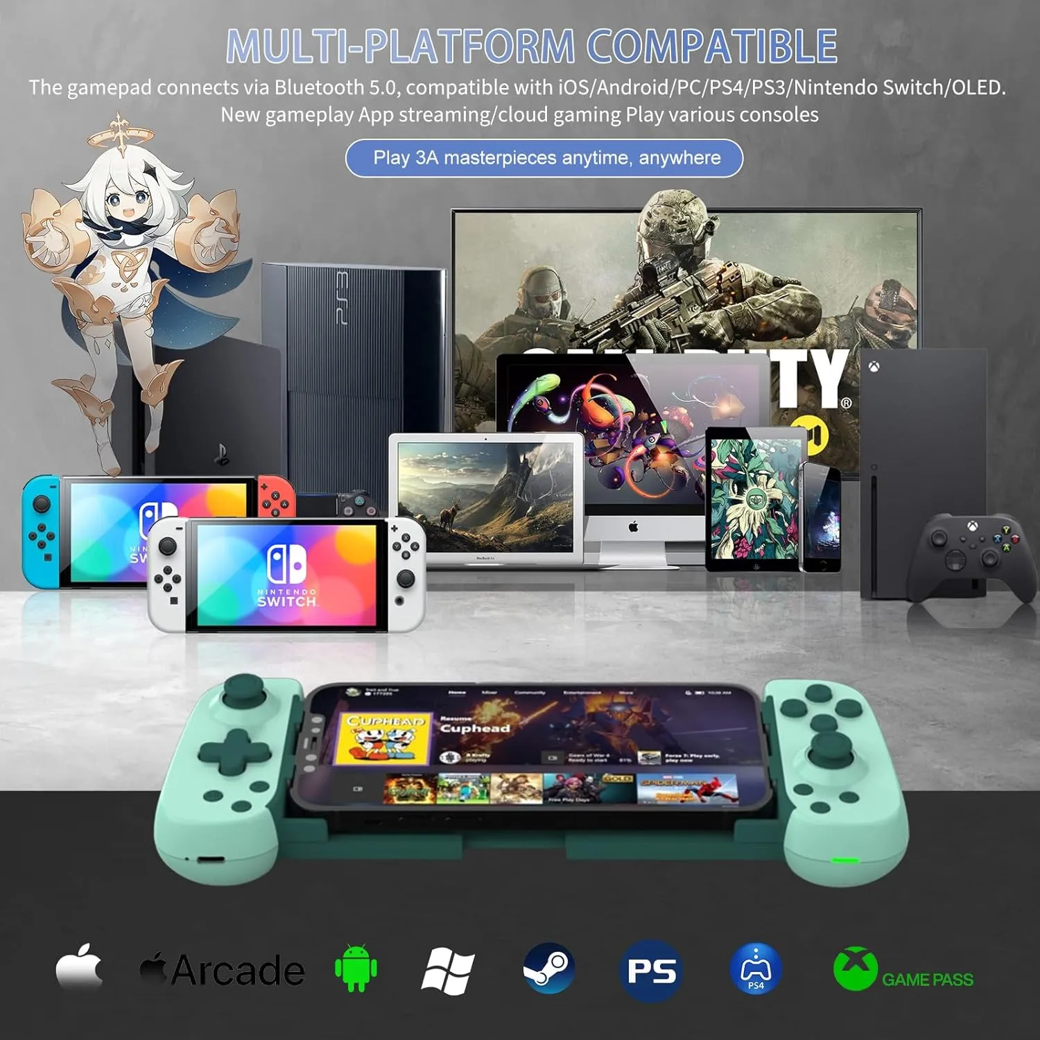 Wireless Controller for iPhone/Android/PC/iPad/Tablet/APPL Arcade MFi Games/Switch/PS4, Support Streaming on PS5/Xbox/PC Console, Cloud Gaming Gamepad Joystick - Turbo/6-Axis Gyro/Dual Motors - Green