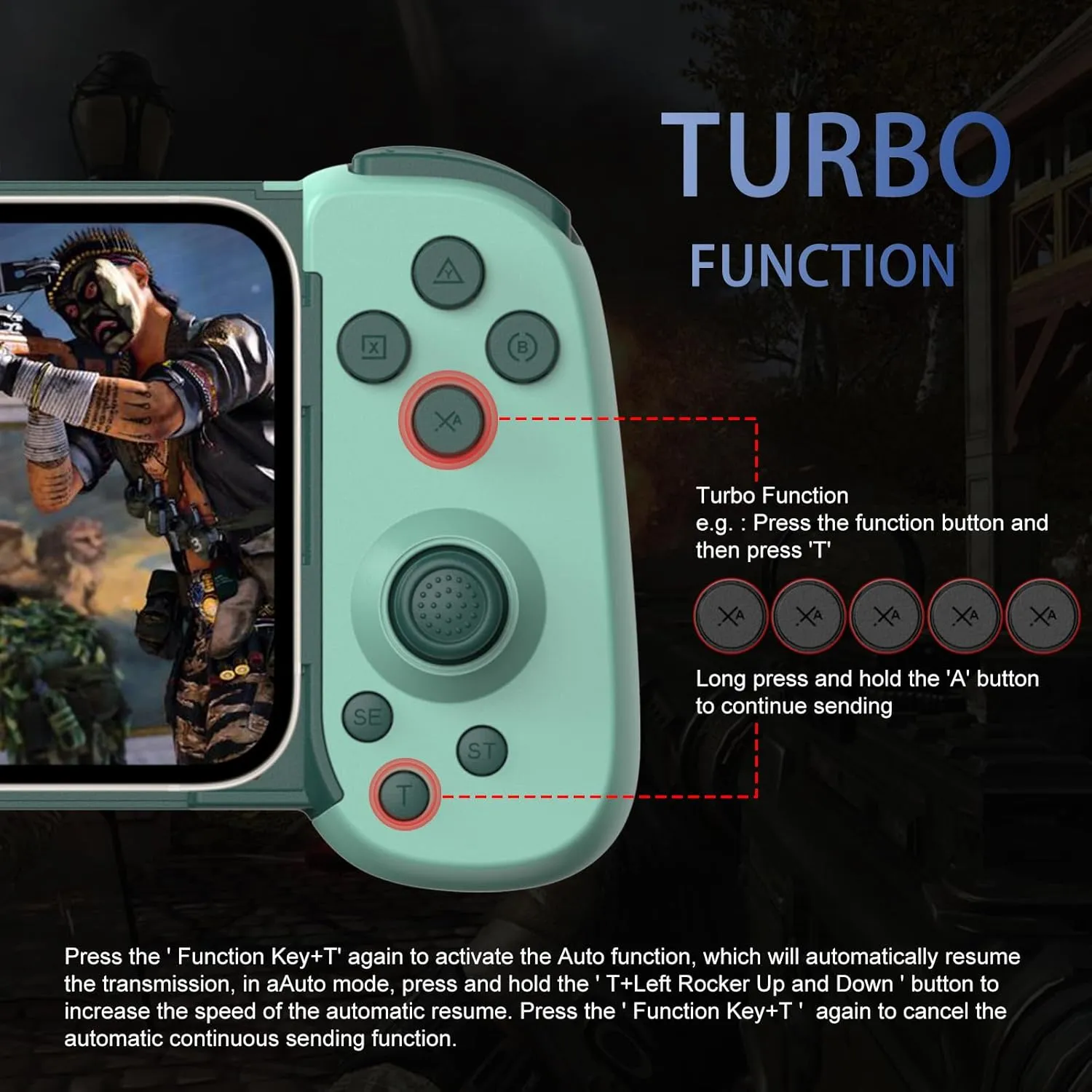 Wireless Controller for iPhone/Android/PC/iPad/Tablet/APPL Arcade MFi Games/Switch/PS4, Support Streaming on PS5/Xbox/PC Console, Cloud Gaming Gamepad Joystick - Turbo/6-Axis Gyro/Dual Motors - Green