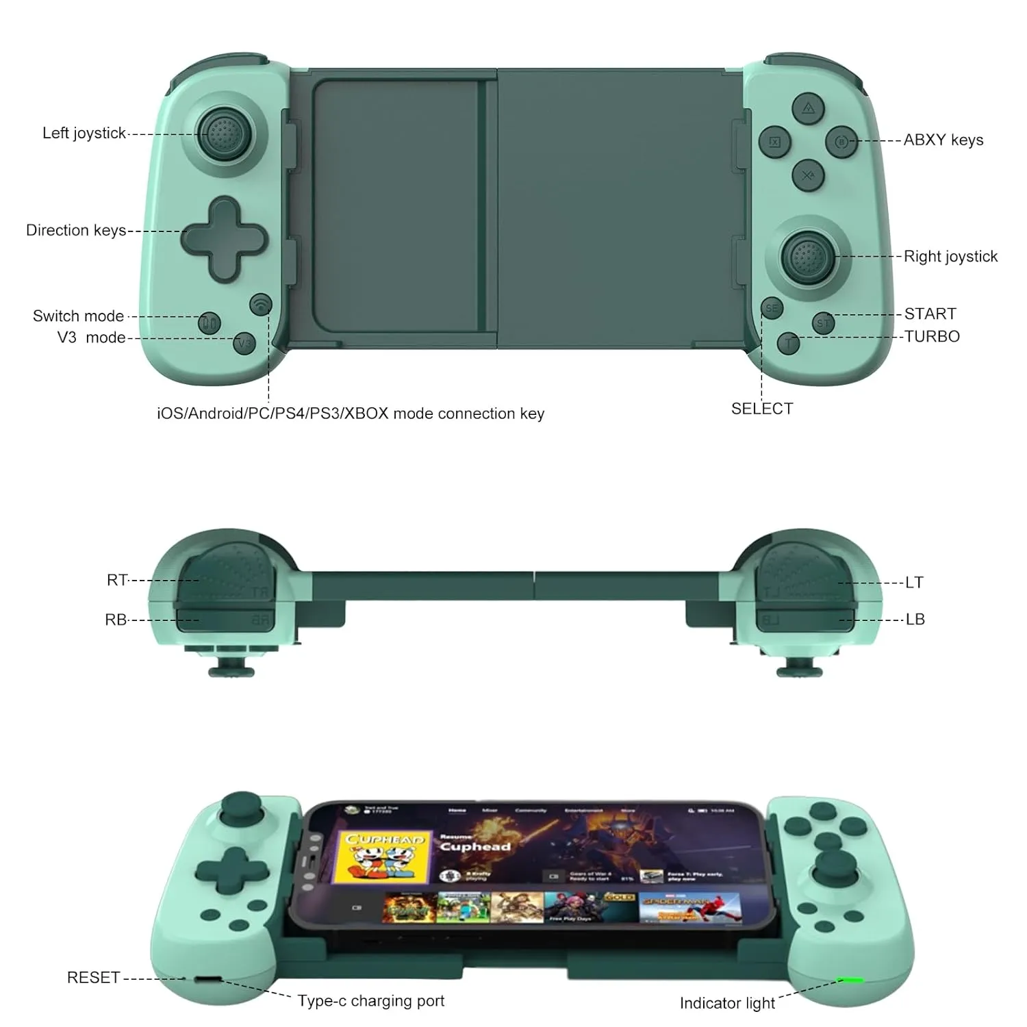 Wireless Controller for iPhone/Android/PC/iPad/Tablet/APPL Arcade MFi Games/Switch/PS4, Support Streaming on PS5/Xbox/PC Console, Cloud Gaming Gamepad Joystick - Turbo/6-Axis Gyro/Dual Motors - Green