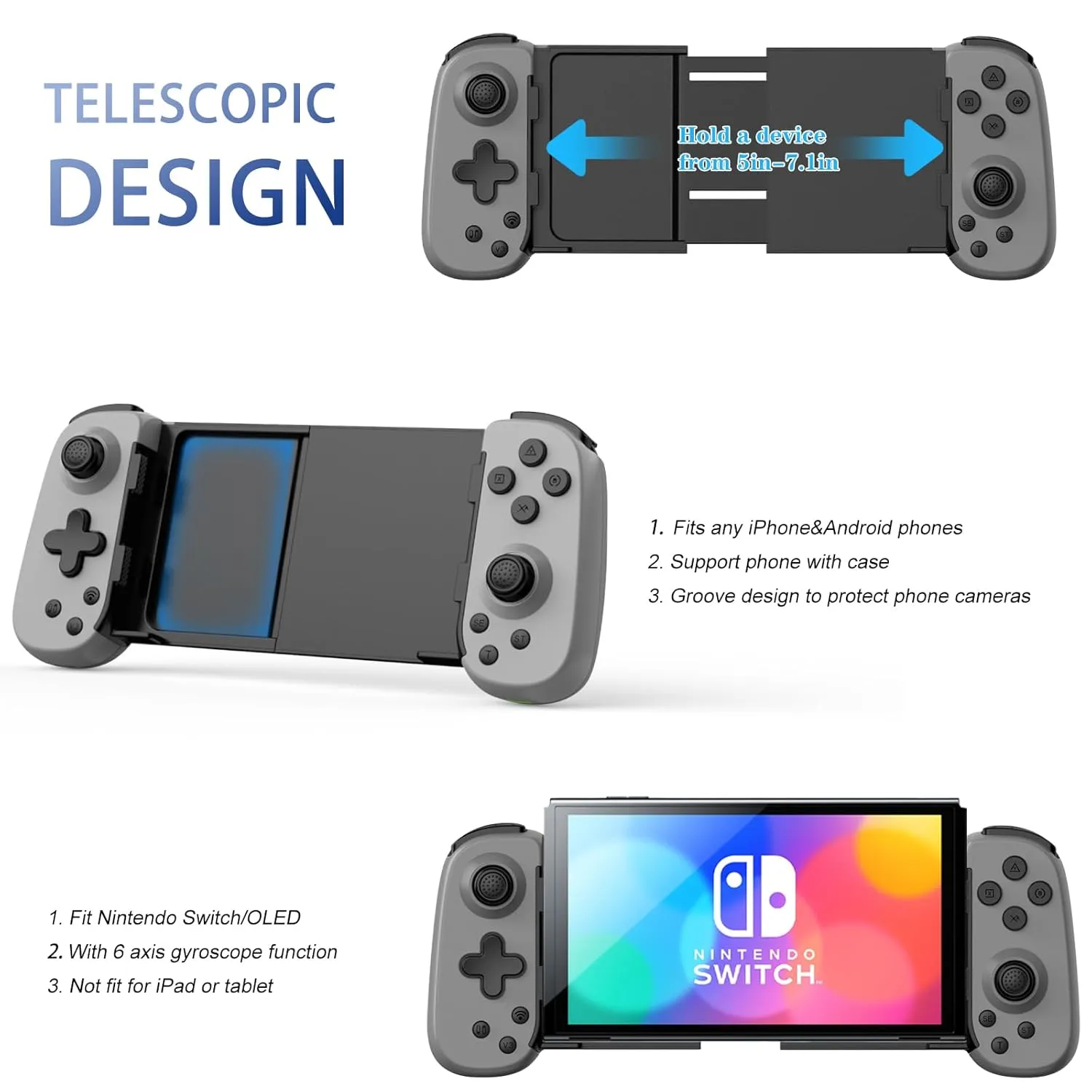 Wireless Controller for iPhone/Android/PC/iPad/Tablet/APPL Arcade MFi Games/Switch/PS4, Support Streaming on PS5/Xbox/PC Console, Cloud Gaming Gamepad Joystick - Turbo/6-Axis Gyro/Dual Motors -Grey