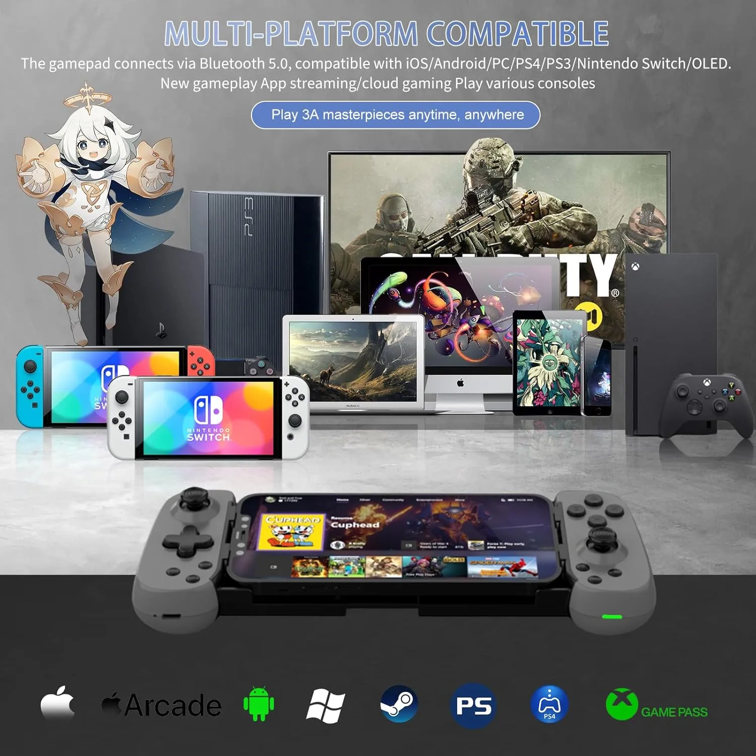 Wireless Controller for iPhone/Android/PC/iPad/Tablet/APPL Arcade MFi Games/Switch/PS4, Support Streaming on PS5/Xbox/PC Console, Cloud Gaming Gamepad Joystick - Turbo/6-Axis Gyro/Dual Motors -Grey