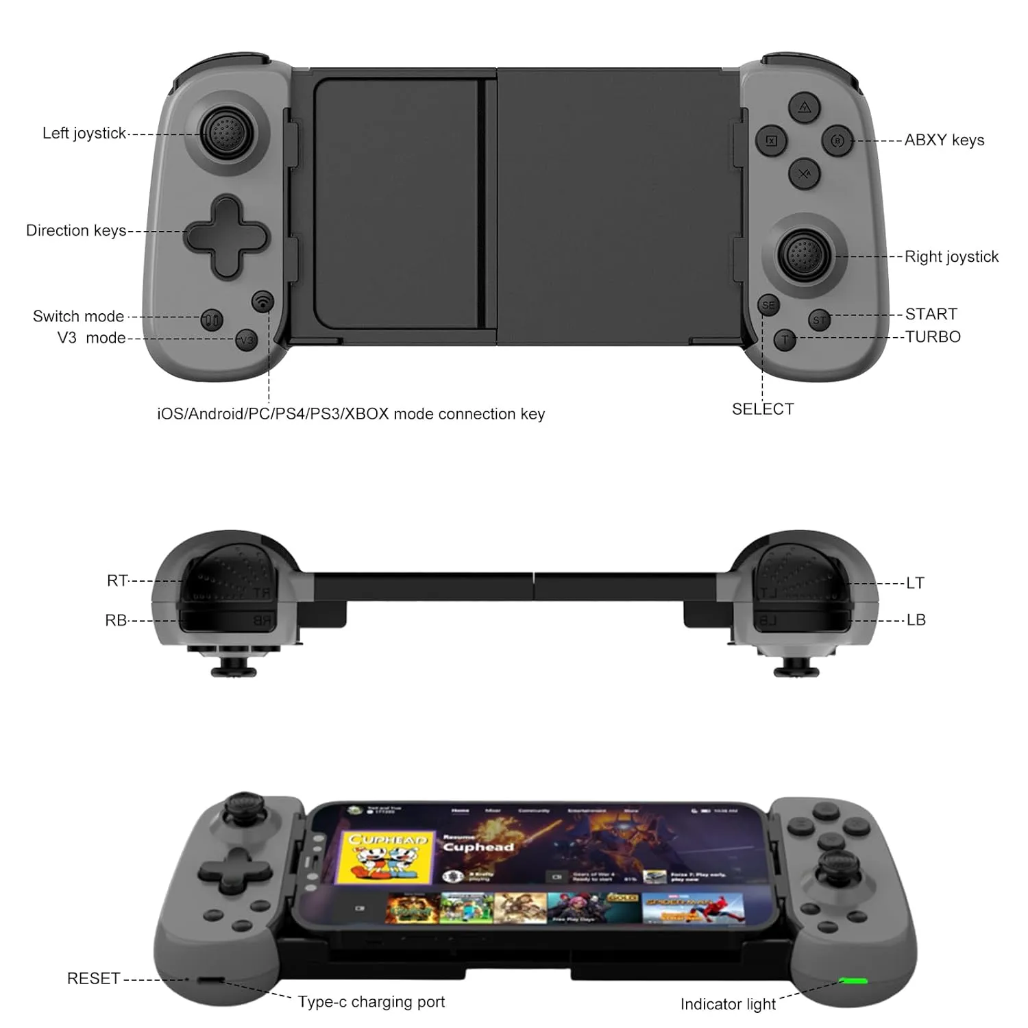 Wireless Controller for iPhone/Android/PC/iPad/Tablet/APPL Arcade MFi Games/Switch/PS4, Support Streaming on PS5/Xbox/PC Console, Cloud Gaming Gamepad Joystick - Turbo/6-Axis Gyro/Dual Motors -Grey