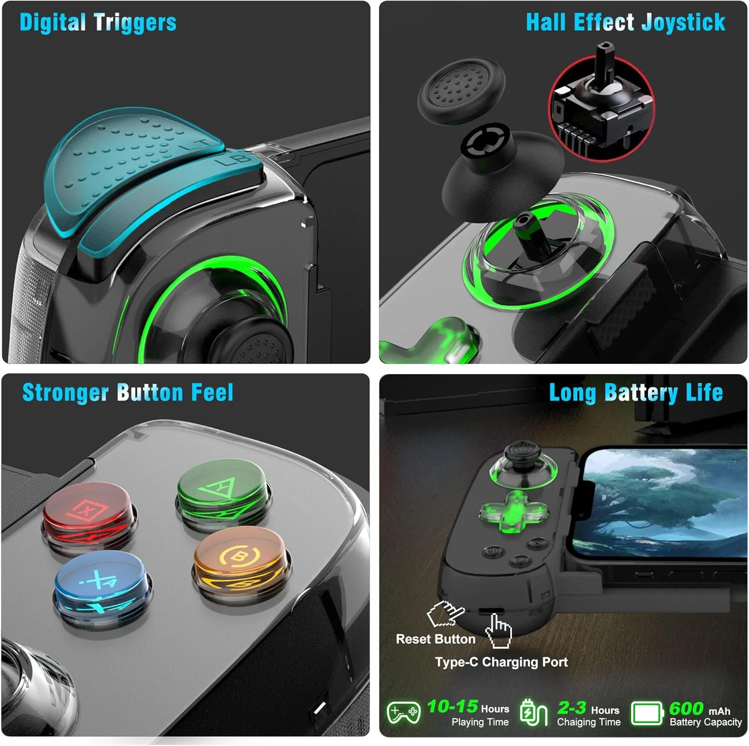 Wireless Phone Controller for iPhone/Android, Mobile Game Controller with Hall Joystick Suitable for Xbox Cloud Gaming, PS Remote Play, Steam Link, Call of Duty & More - Black with Rocker Light